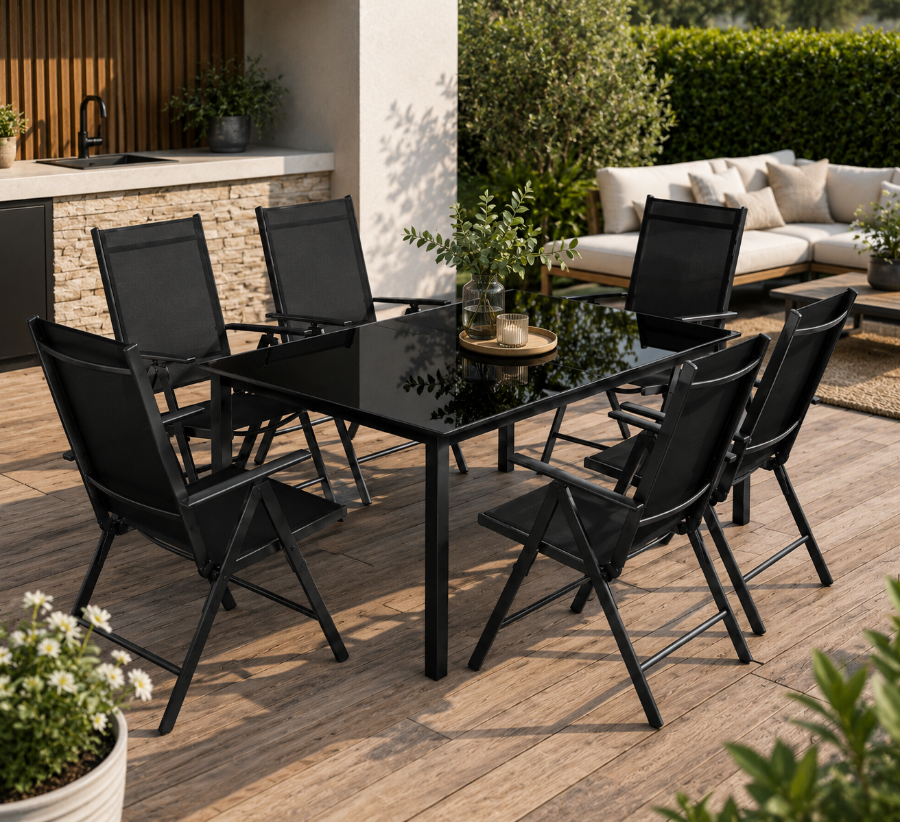 Conjunto Jardín Sillas Reclinables 7 Piezas Mesa Vidrio