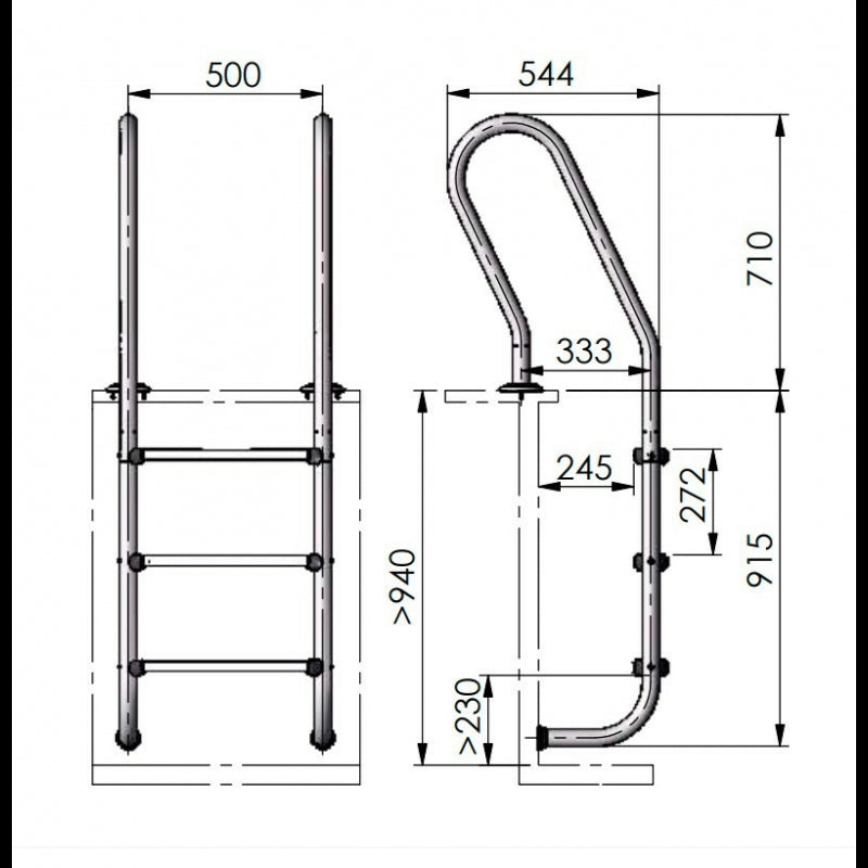 Gre - Escaleras para piscinas de madera de 3 peldaños inox