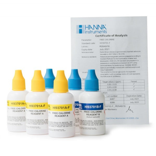 Hanna - Vloeibaar Reagens Vrij Chloor 0,00 tot 2,50 mg/l (5,00 mg/l) 300 test HI93701-F