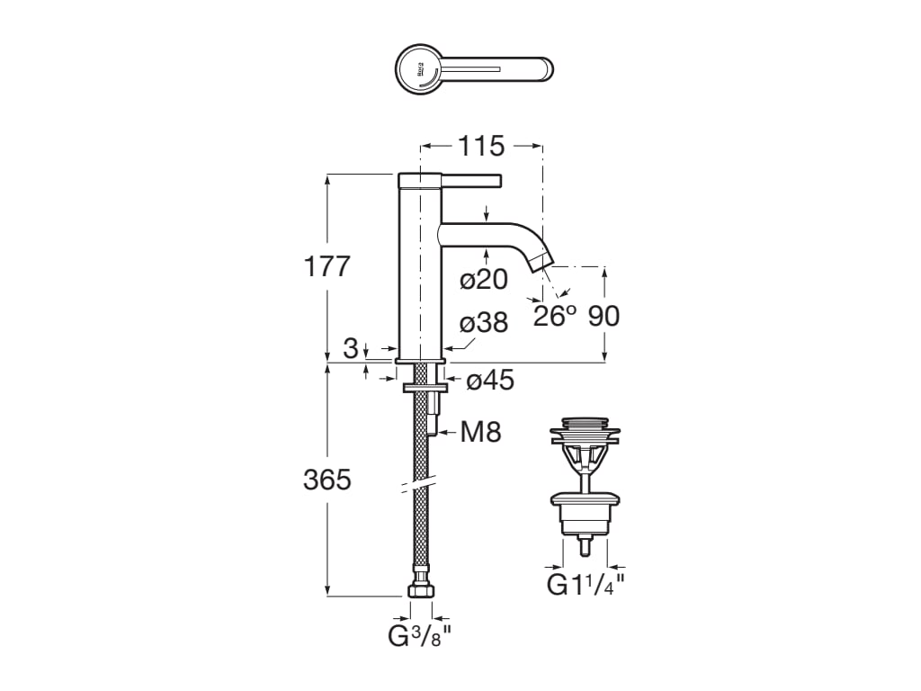 Roca - Mezclador monomando para lavabo con desagüe click-clack y cuerpo liso, Cromado A5A3A9EC00