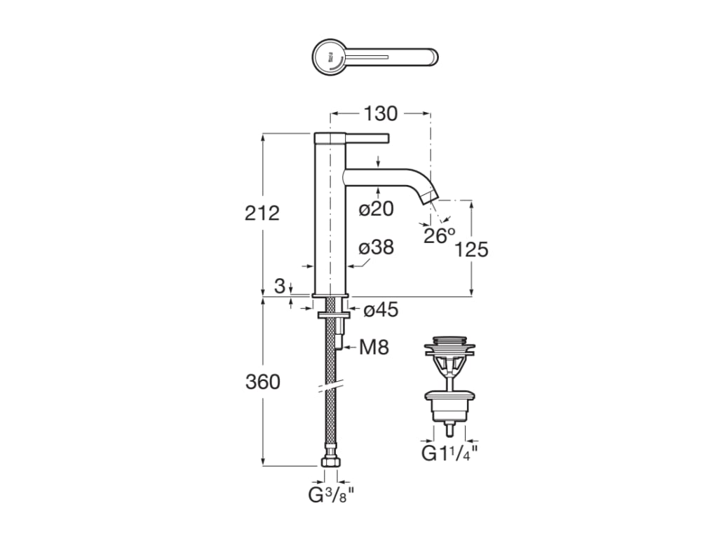 Roca - Mezclador monomando para lavabo con caño mezzo, desagüe click-clack y cuerpo liso Ona, Cromado A5A3C9EC00