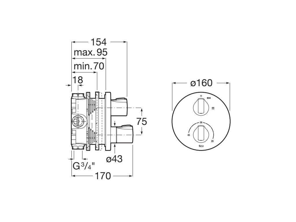 Roca - ROUND - Mezclador termostático empotrable para baño CromadoA5A2E09C00