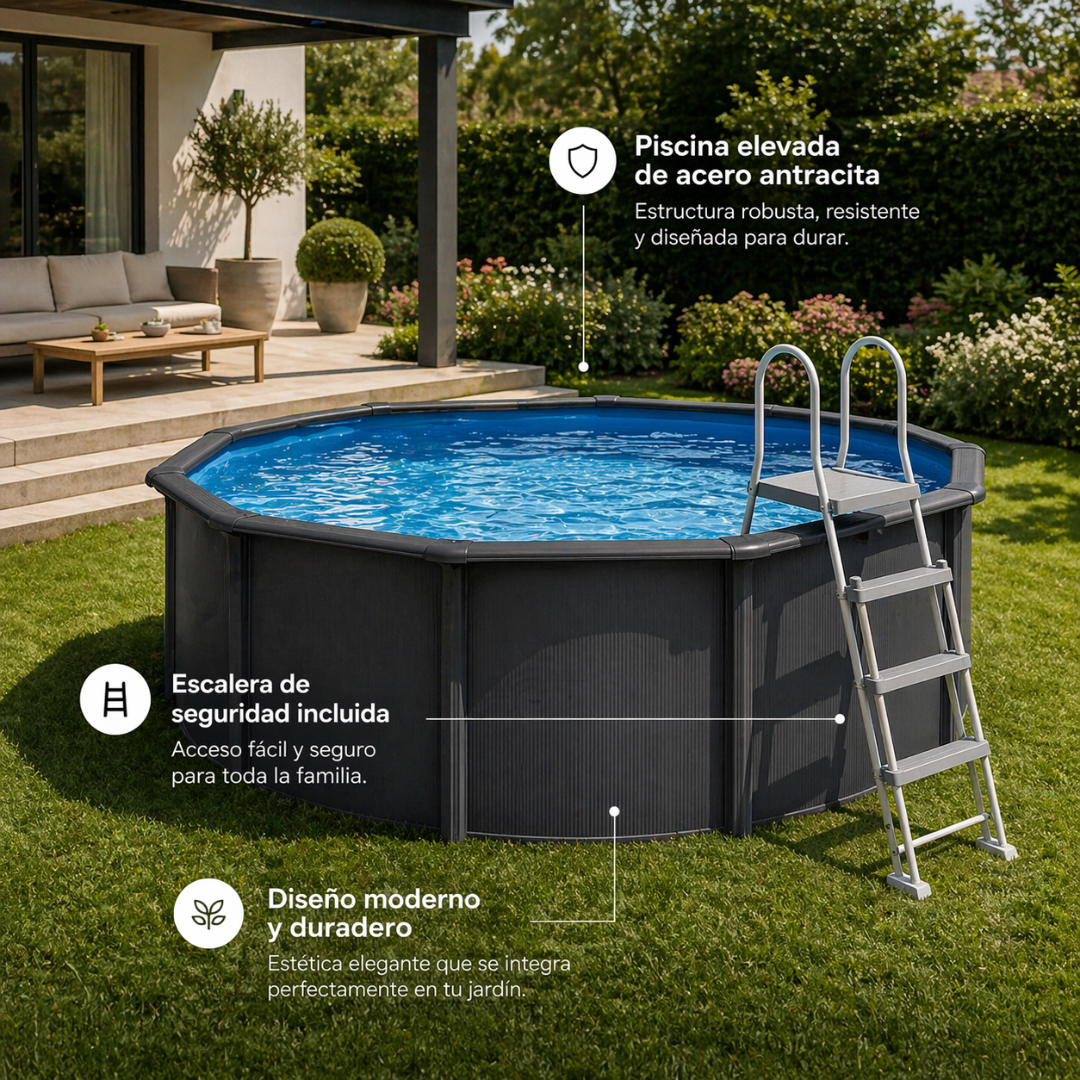 Piscina elevada sin obra de acero redonda color antracita redonda