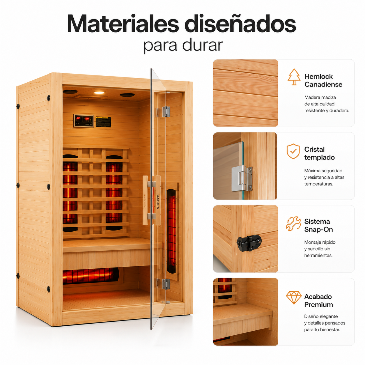 Infraroodsauna voor thuis voor 3 personen met 6 panelen, Bluetooth en panoramadeur