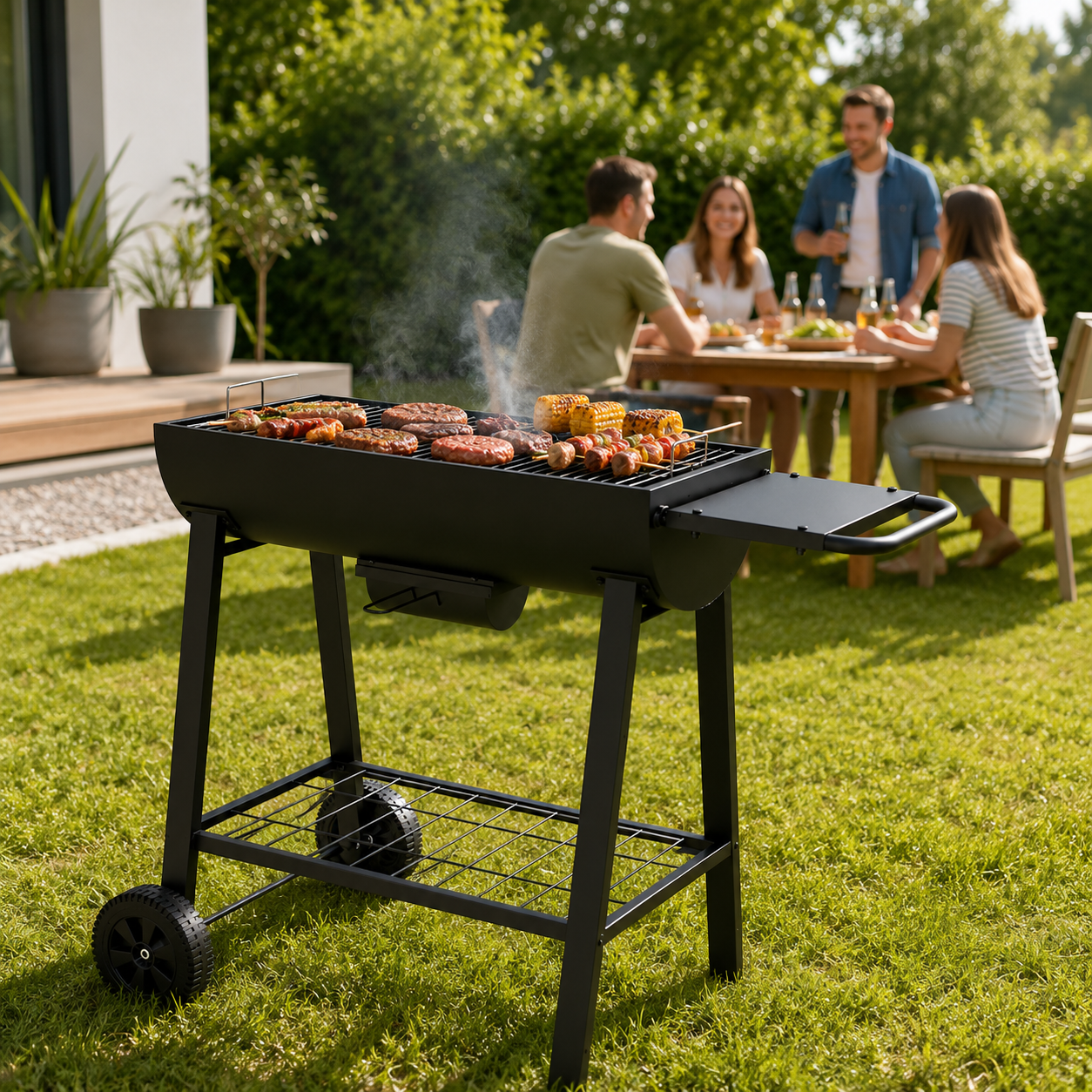 Draagbare houtskoolbarbecue met groot grillrooster en wielen