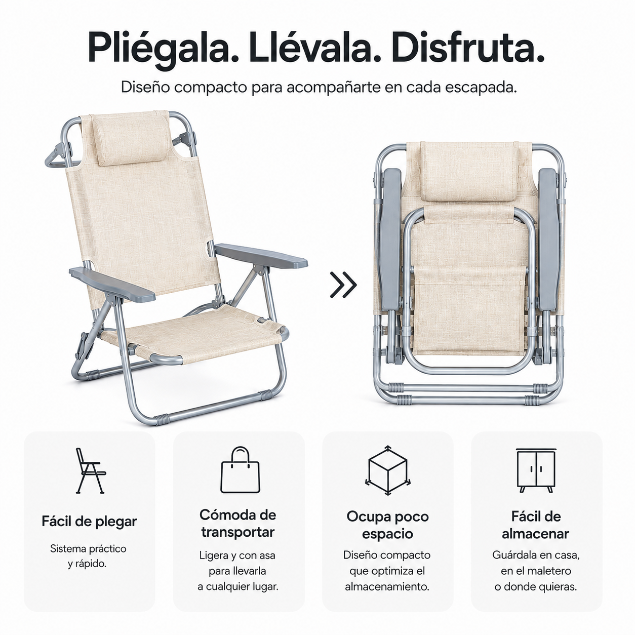 Set 2 sedie pieghevoli reclinabili con poggiatesta portatili