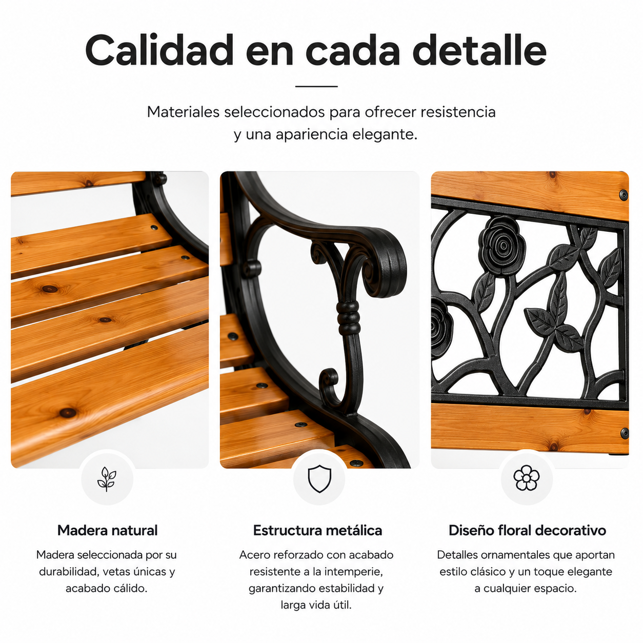Banco de Jardim de Madeira e Metal com Encosto Floral Decorativo
