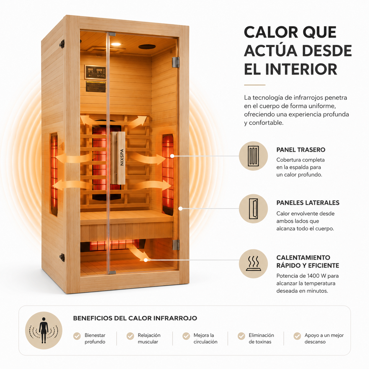 Sauna de infrarrojos para casa individual de madera maciza con 4 paneles y control digital