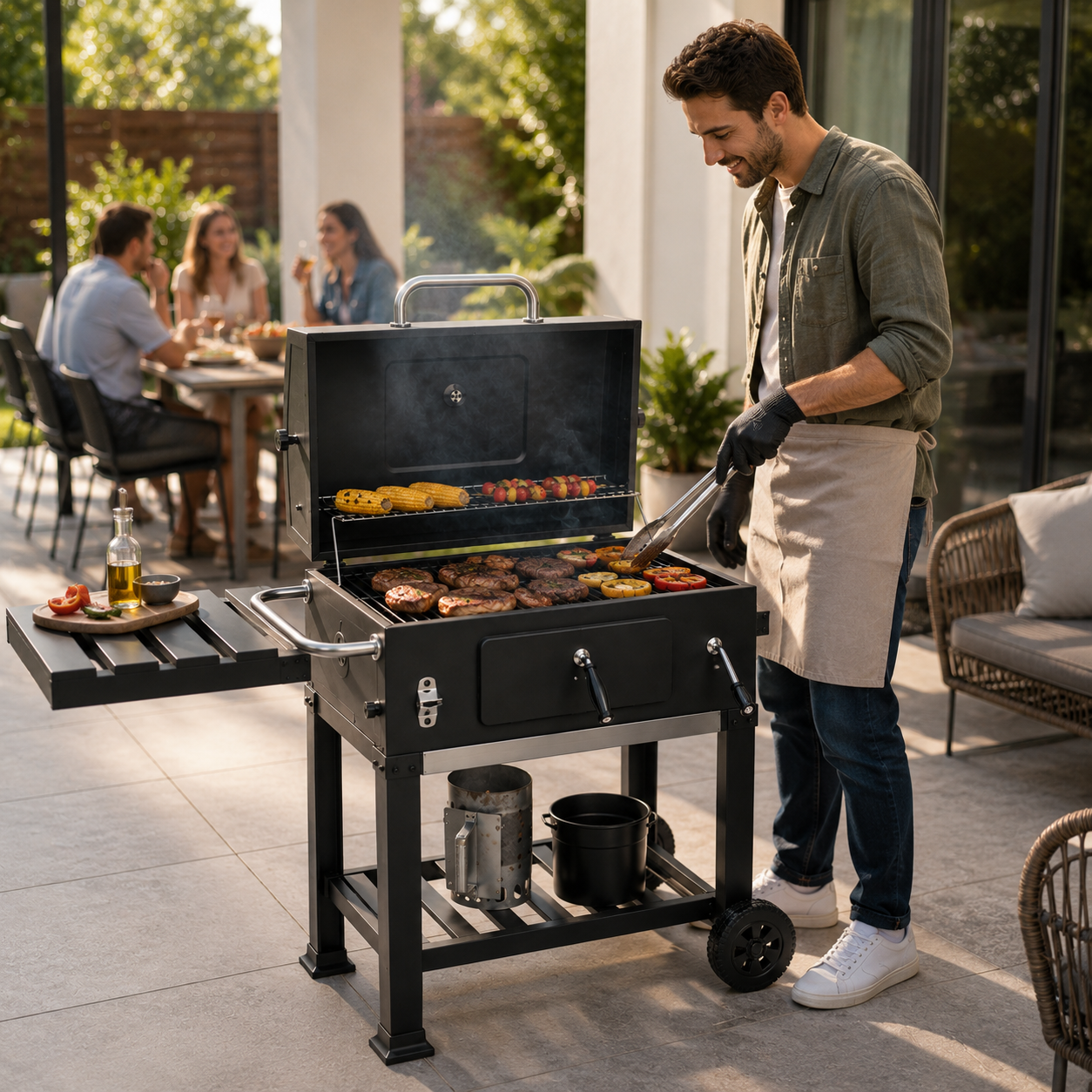 Barbecue au charbon avec couvercle et chariot auxiliaire