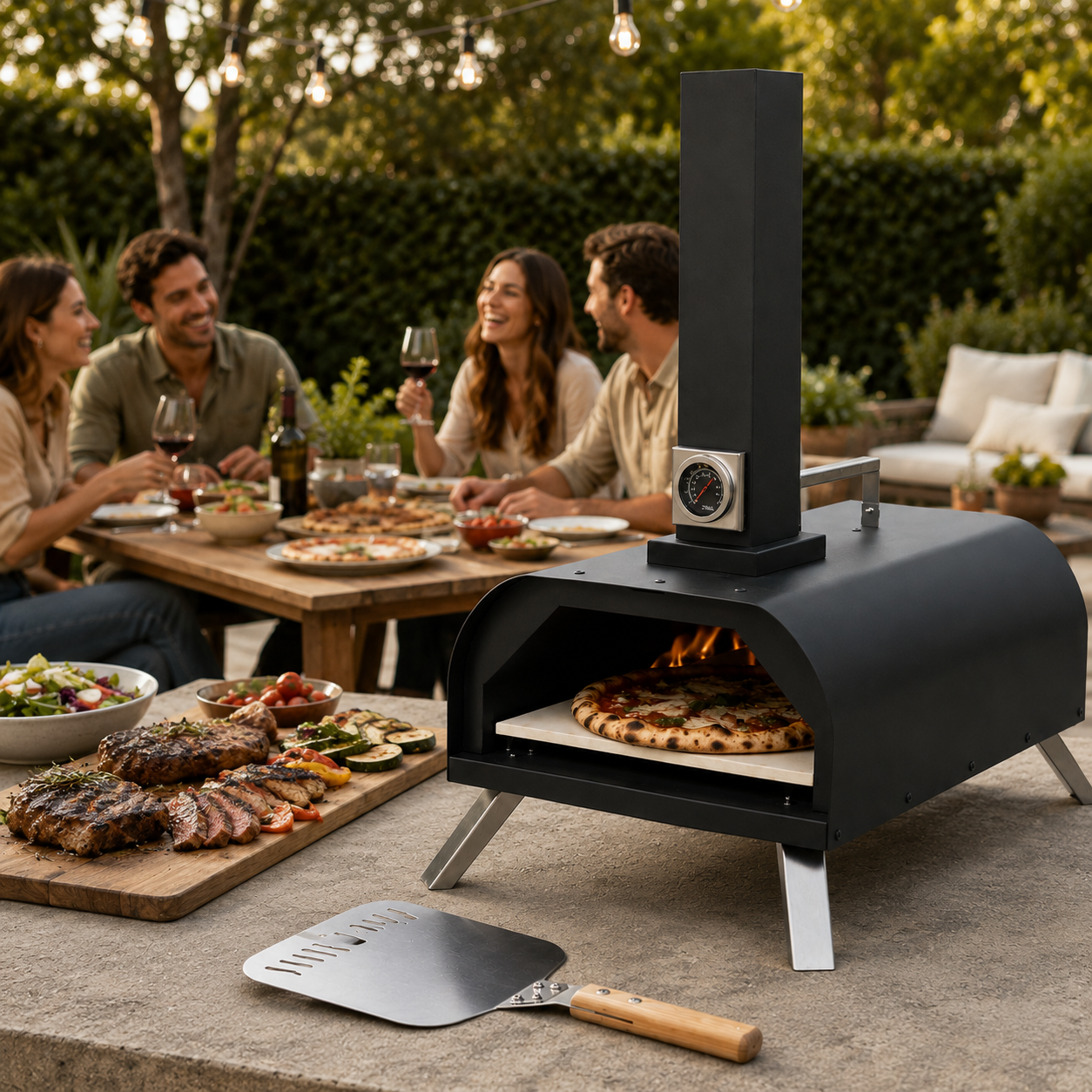 Houtskoolbarbecueoven voor pizza met geïntegreerde schoorsteen en grillrooster