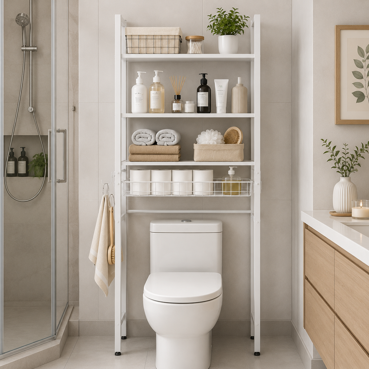 3-stöckiges Regal über der Toilette mit Haken