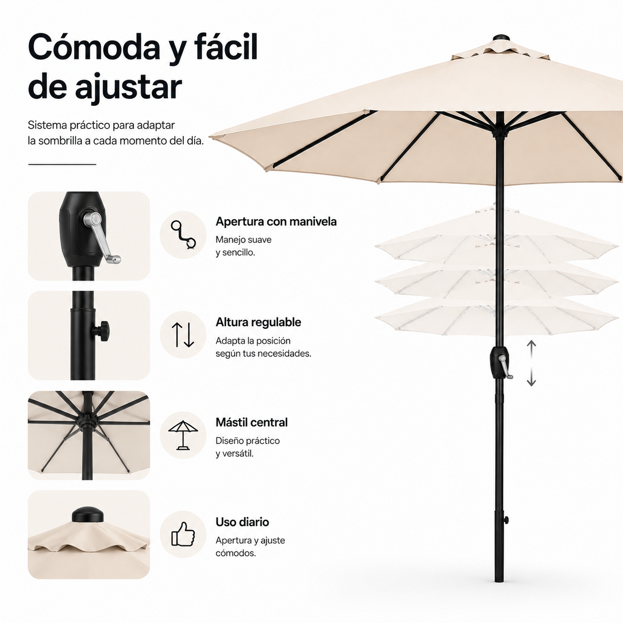 Verstelbare parasol voor de tuin, 3 meter, met zwengel, beige