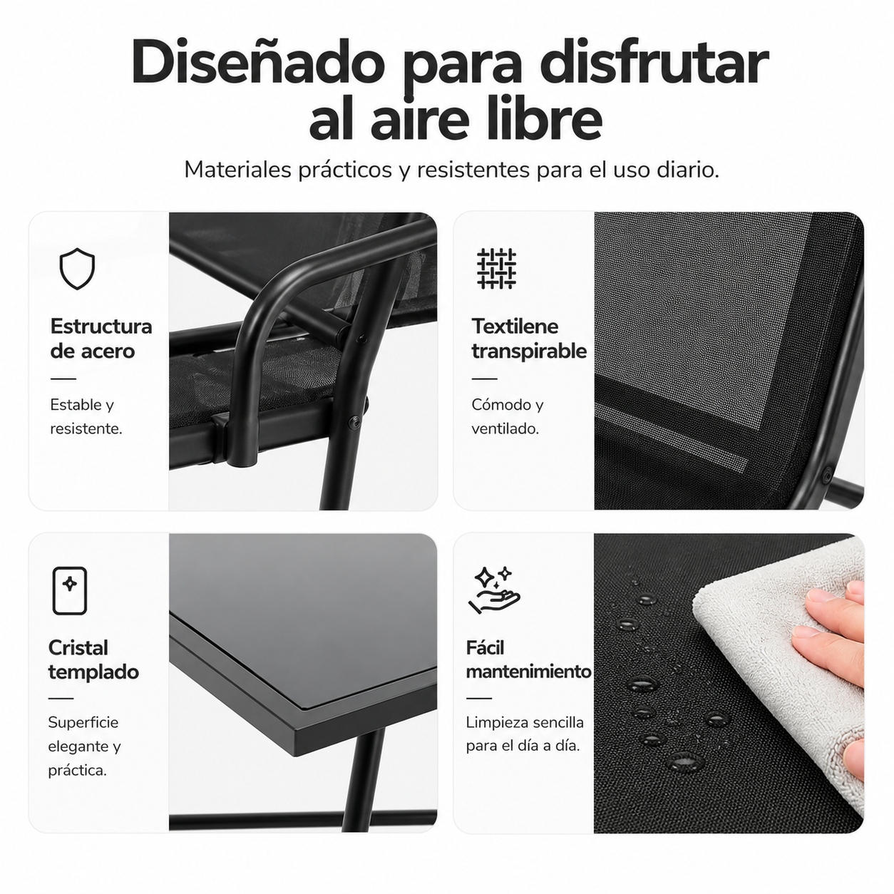 Conjunto de Jardín Acero Textilene 4 Piezas Mesa Cristal