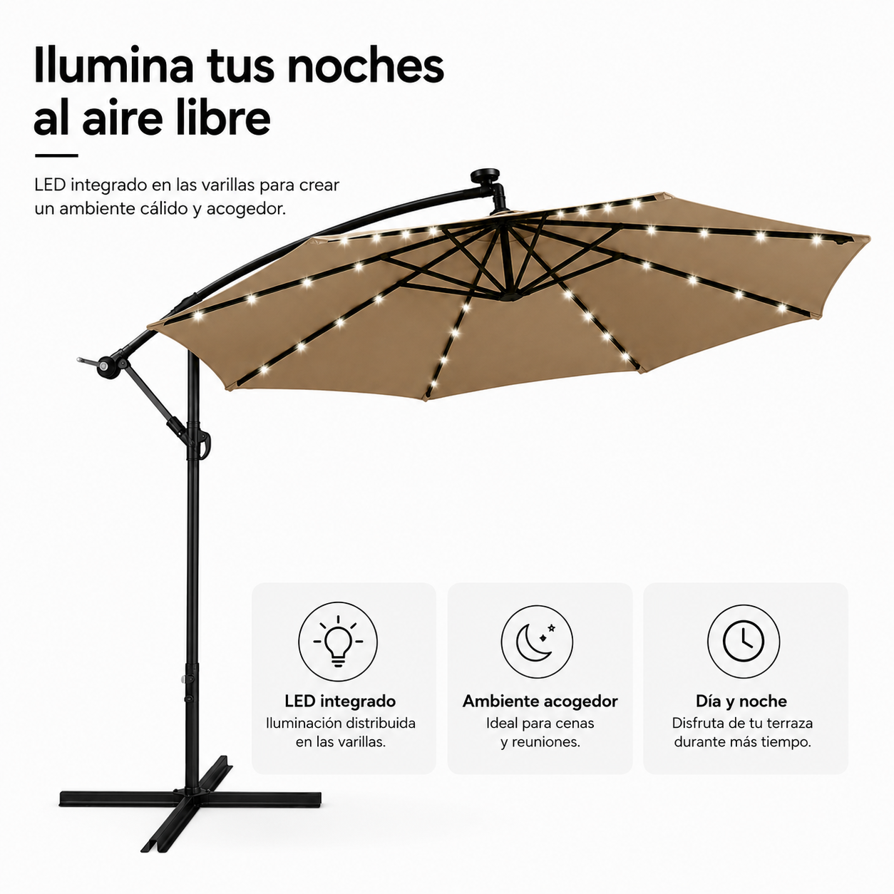 Ombrellone Laterale da Giardino 3 Metri Kaki con LED e Inclinazione a 360°
