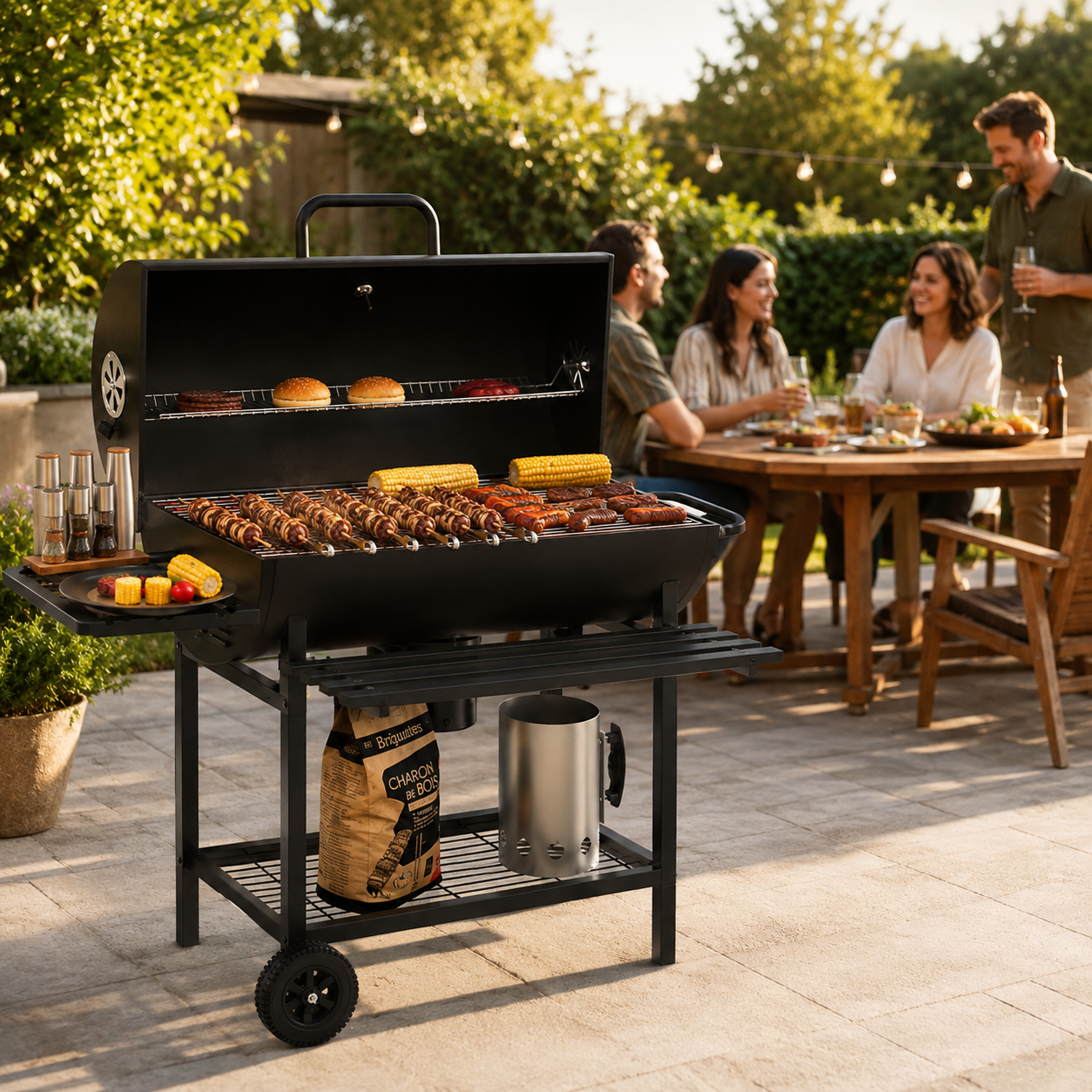 Houtskoolbarbecue met deksel en verstelbare ventilatie voor de tuin, met wielen