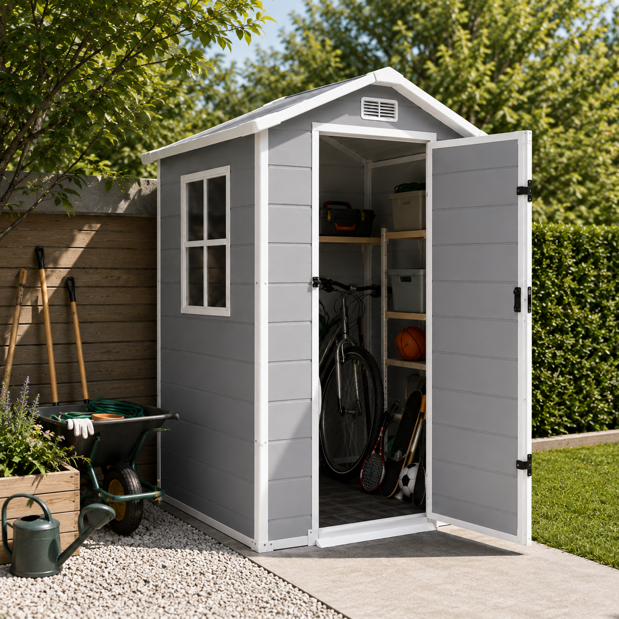 Resin tuinhuisje 4x3" voor buiten, met raam, ventilatie en veiligheidssluiting