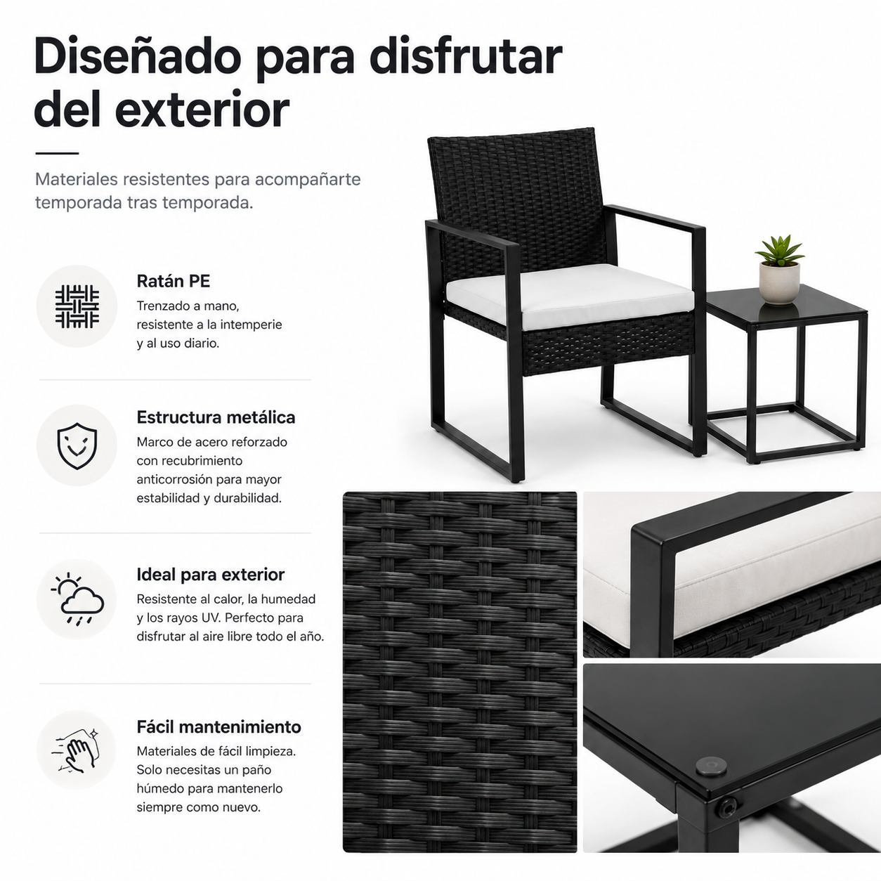 Set da Giardino Esterno in Rattan PE 3 Pezzi con Cuscini Imbottiti