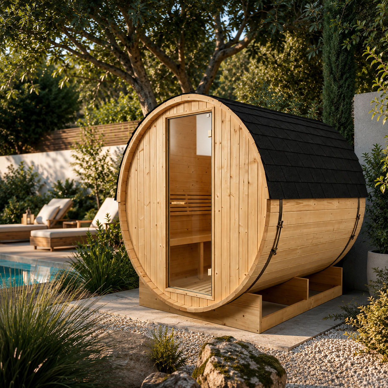Sauna a botte da esterno per giardino 3-4 persone in legno di abete 6 kW tetto a tegole