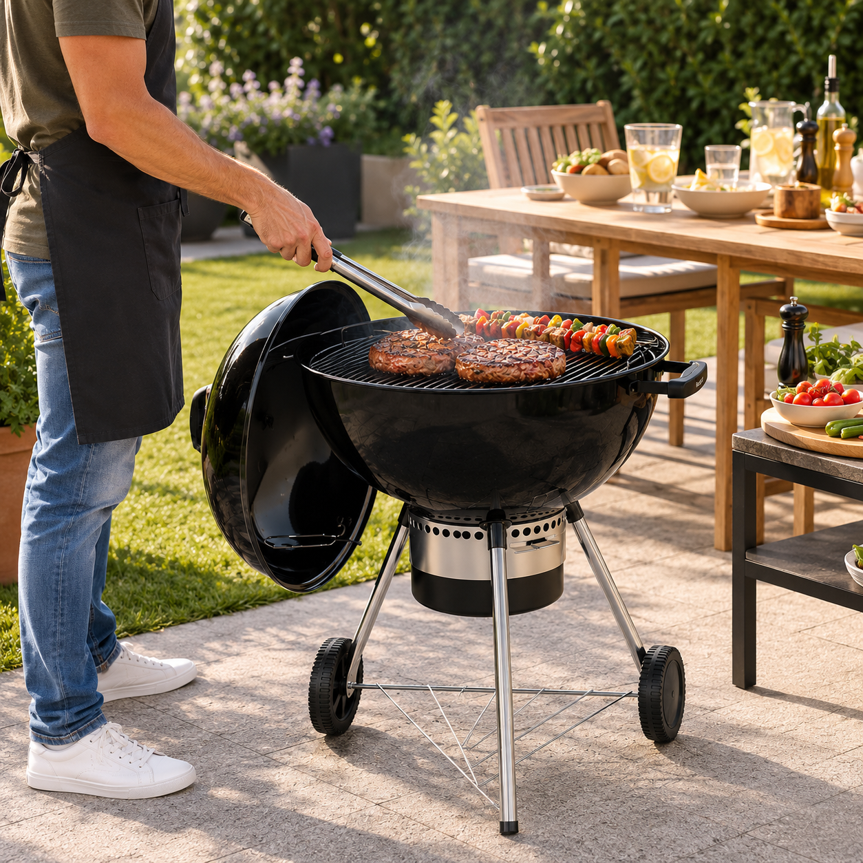 Draagbare ronde houtskoolbarbecue met deksel