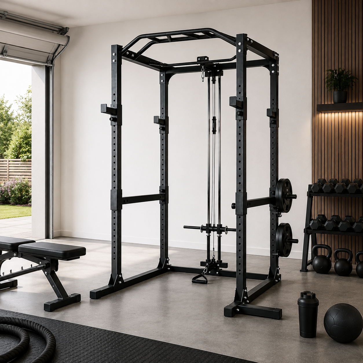 Multifunctioneel power rack met hoge en lage katrol en optrekstang voor thuis
