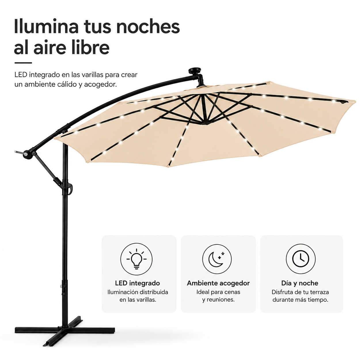 3 Meter seitlicher Sonnenschirm in Beige mit LED-Beleuchtung und 360° Neigung