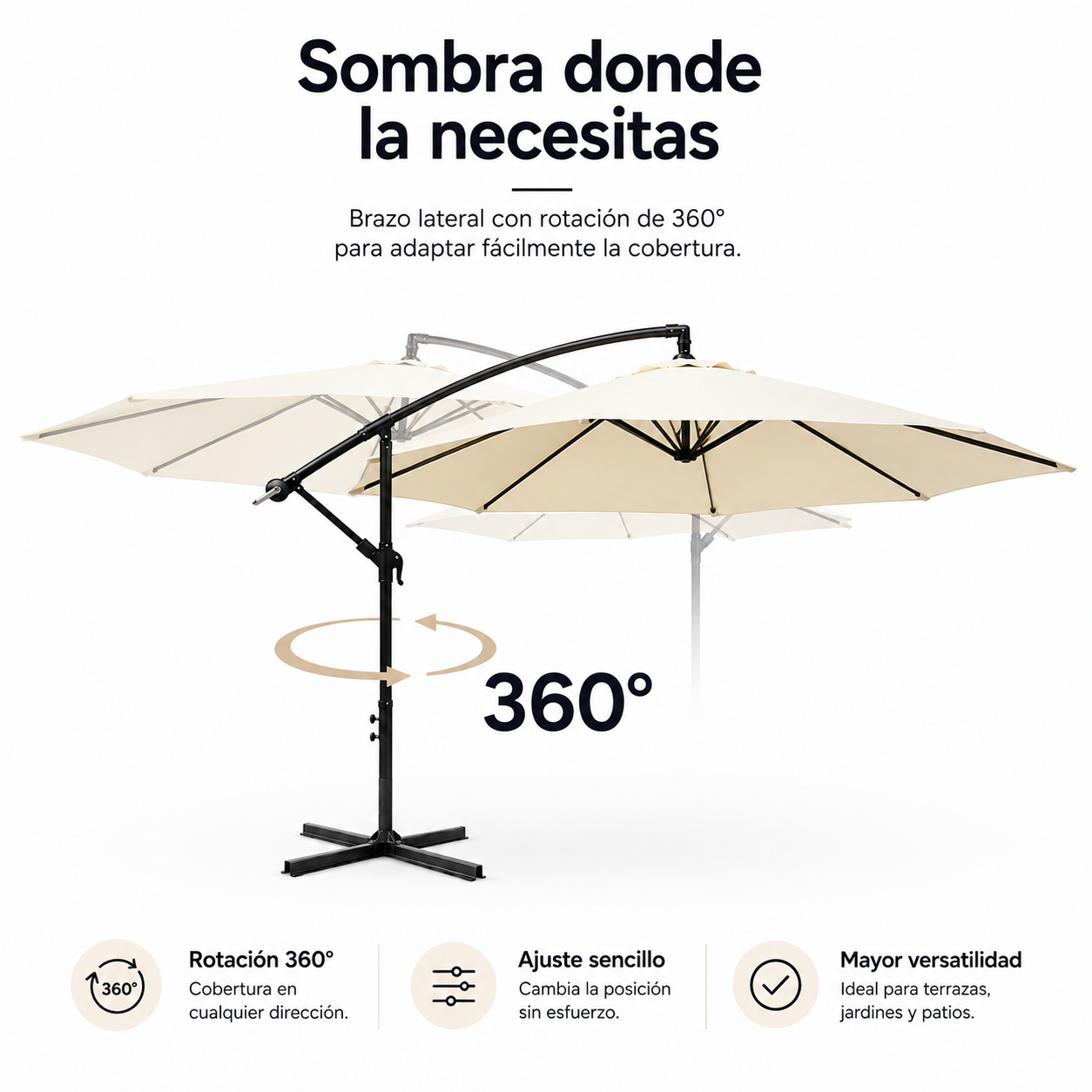 Ombrellone Laterale 3 Metri Inclinabile a 360° con Asta e Manovella Beige Senza Base