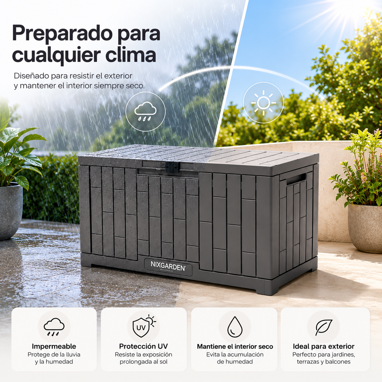 Arcón Jardín Antracita Resina Resistente Efecto Rattan Impermeable