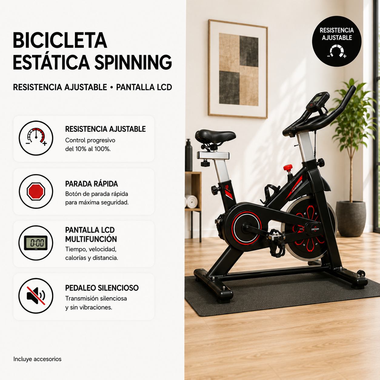 Bicicleta estática com resistência ajustável, ecrã LCD, assento acolchoado e guiador com apoio para braços para fitness em casa