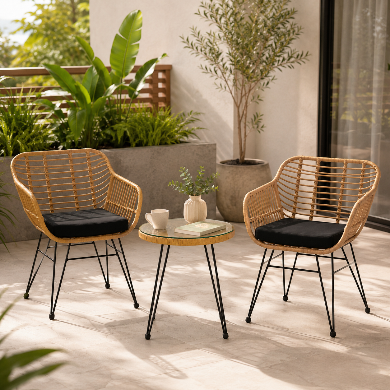 Rotan tuinset met 2 fauteuils en ronde tafel voor terras en balkon