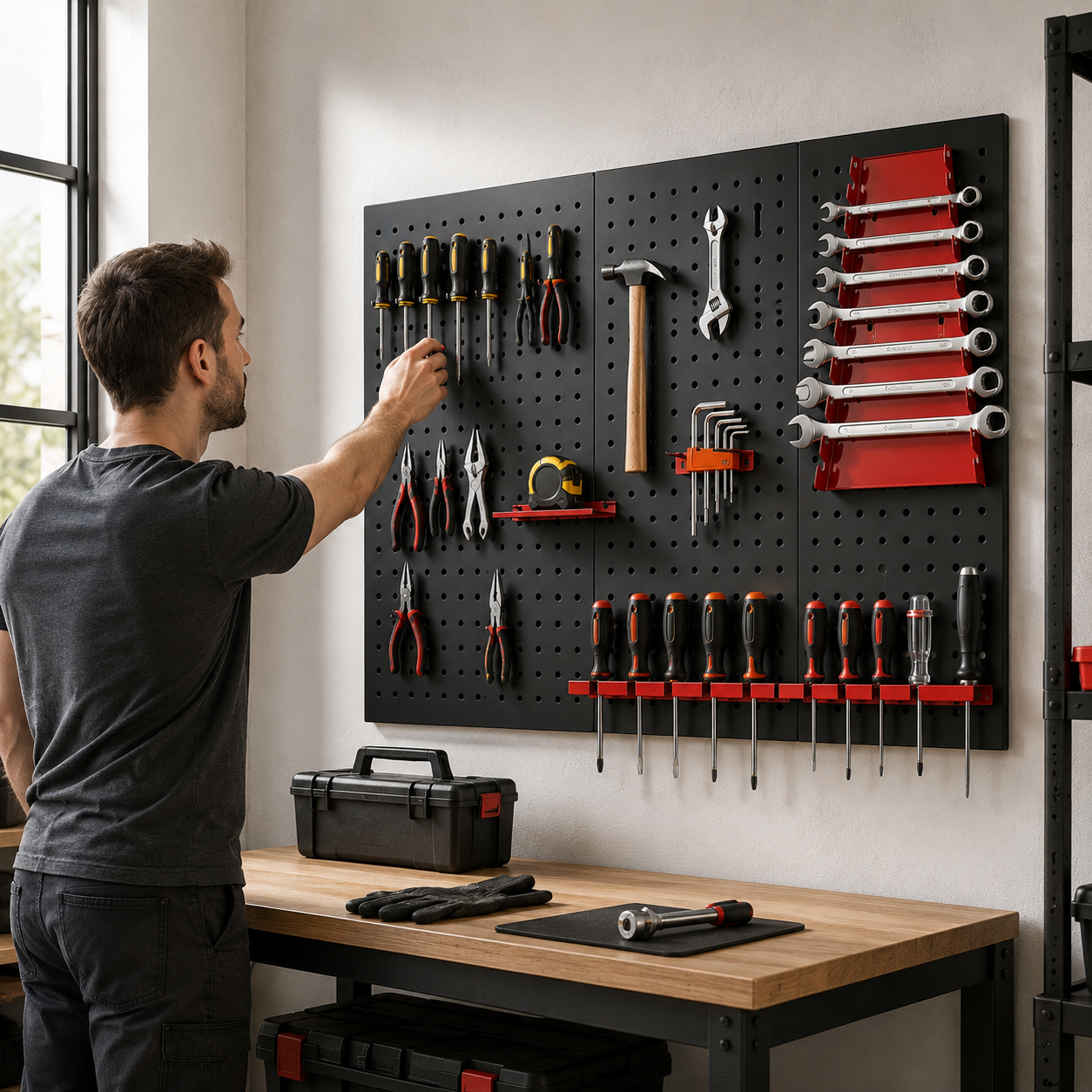 Metalen gereedschapspaneel met haken en houders