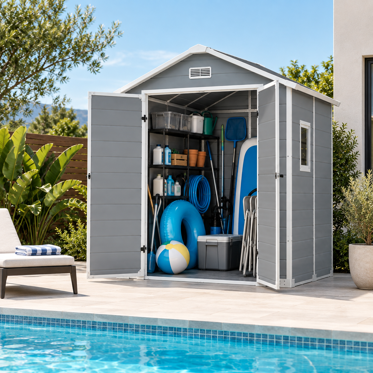 Groot resin tuinhuisje 6x4" met dubbele deur, raam en geïntegreerde ventilatie