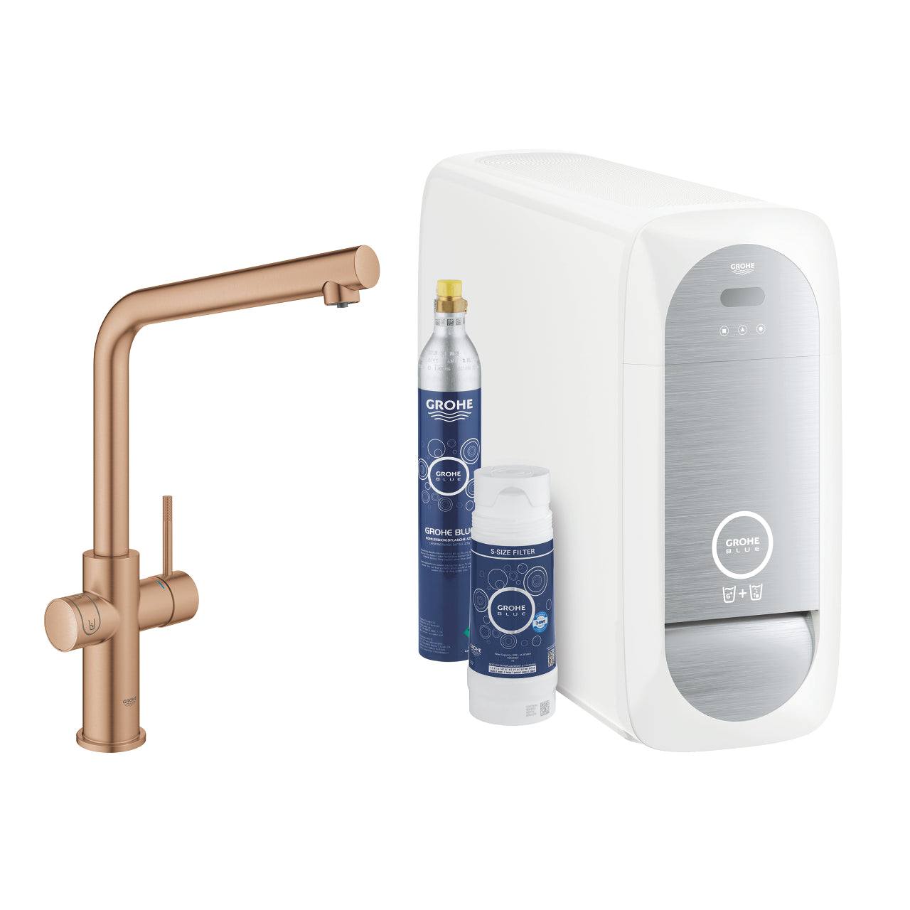 Grohe - Grifo de fregadero Blue Home con refrigerador de agua y filtración Warm Susnet cepillado