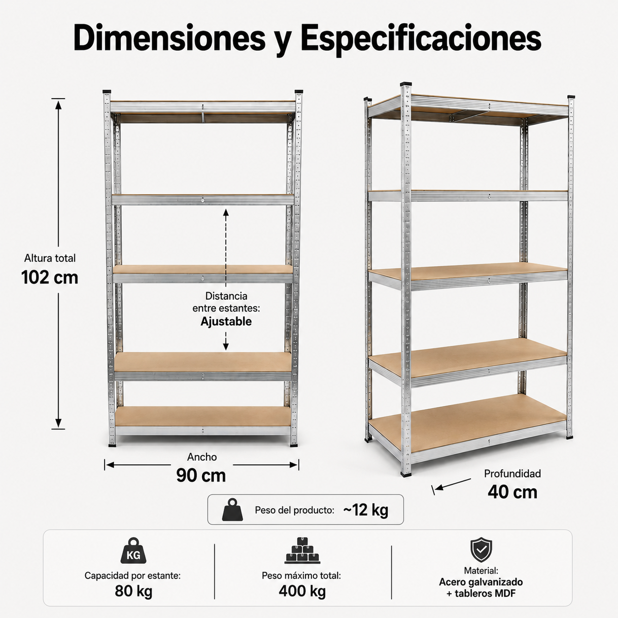 Estantería Metálica Galvanizada 180x90x40 cm 5 Baldas Reforzadas