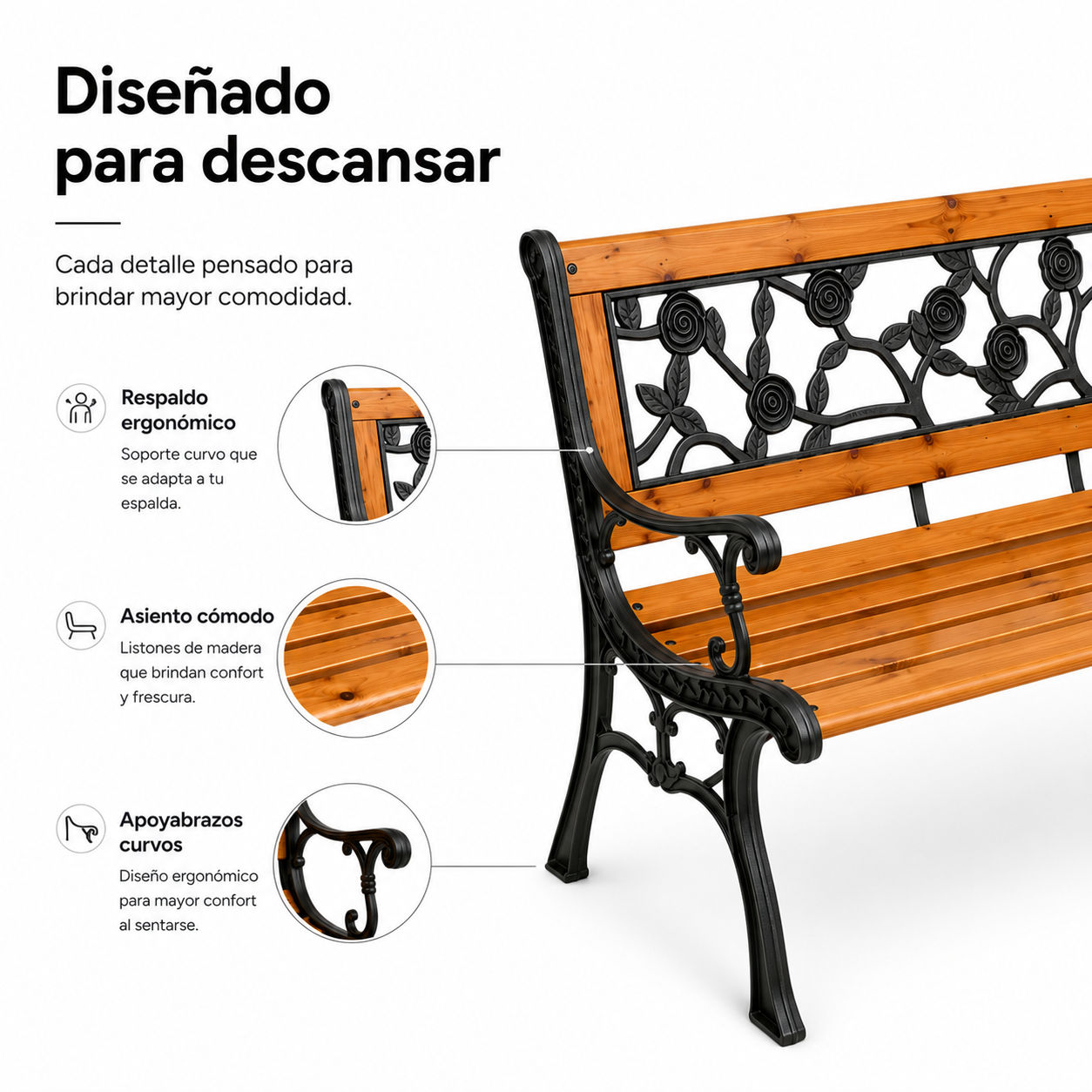 Banco de Jardim de Madeira e Metal com Encosto Floral Decorativo