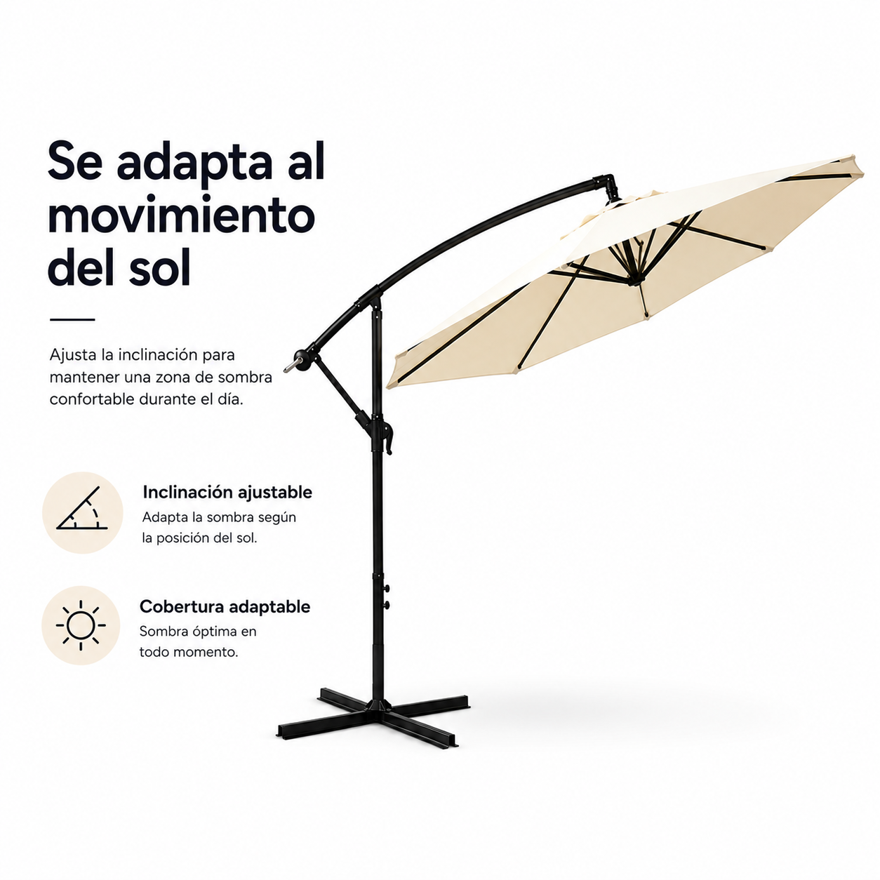 Ombrellone Laterale 3 Metri Inclinabile a 360° con Asta e Manovella Beige Senza Base