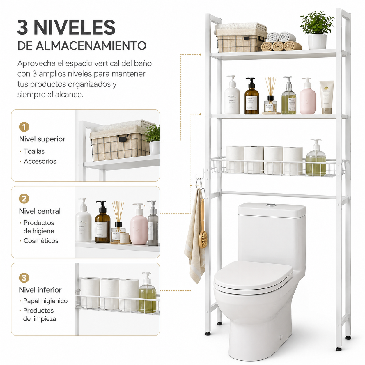 3-stöckiges Regal über der Toilette mit Haken
