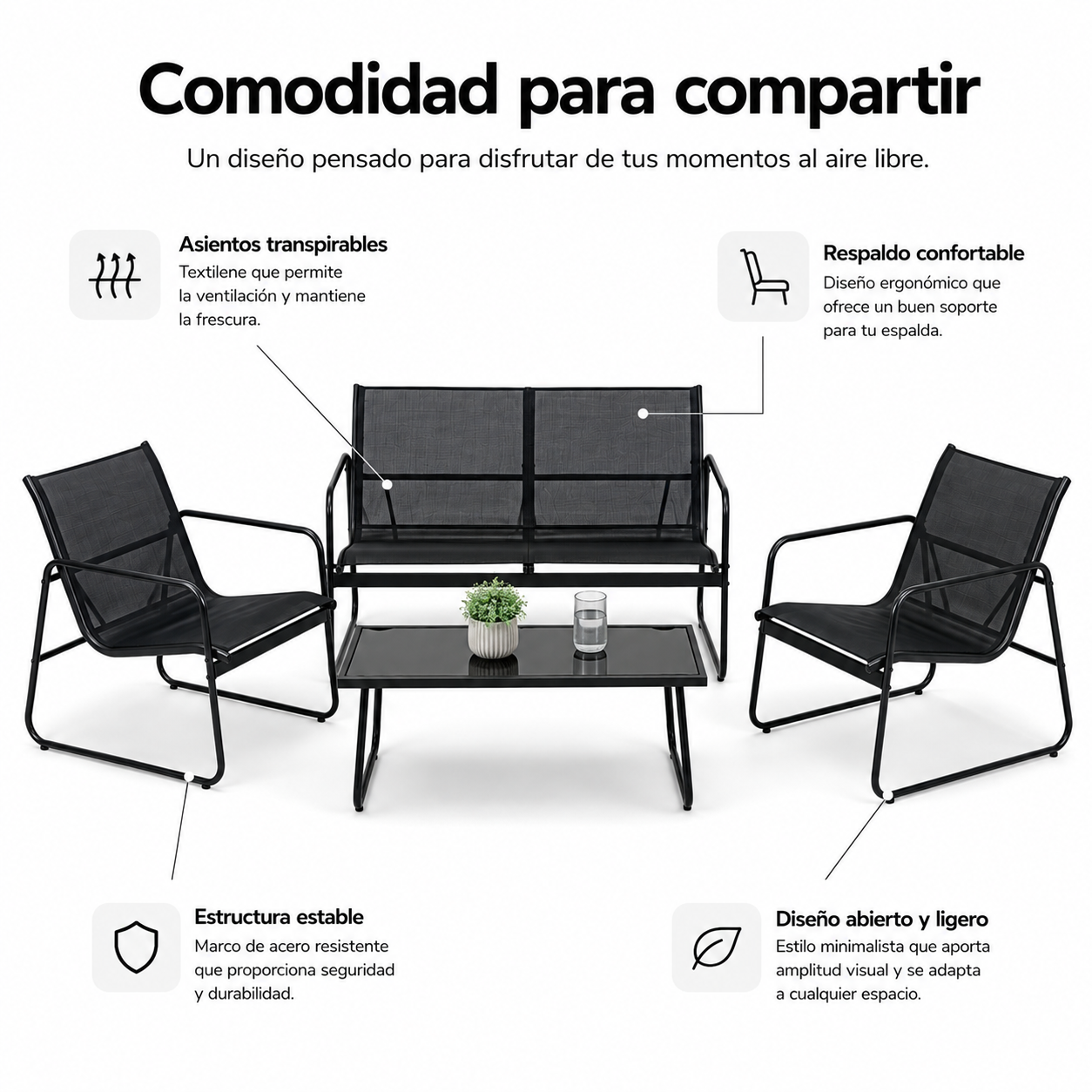 Conjunto de Jardín Acero Textilene 4 Piezas Mesa Cristal