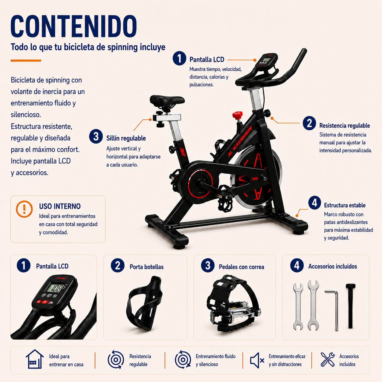 Bicicleta estática com resistência ajustável, ecrã LCD, assento acolchoado e guiador com apoio para braços para fitness em casa