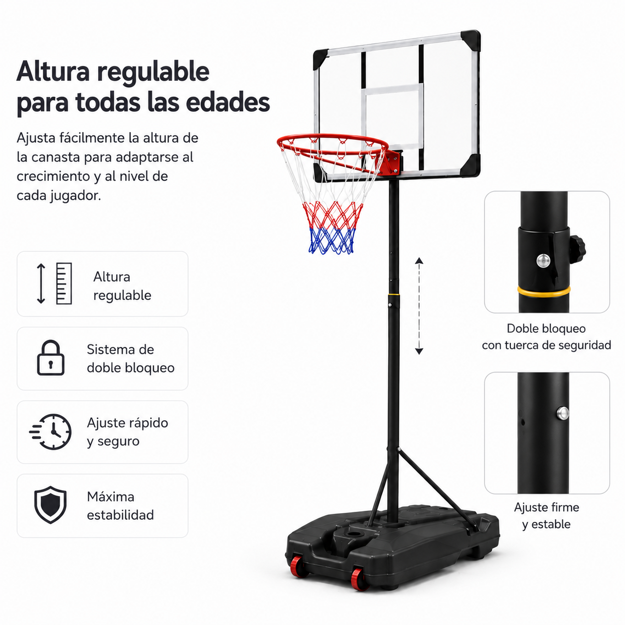 Canasta Baloncesto Portátil Regulable 1,6-2,1m Base con Ruedas
