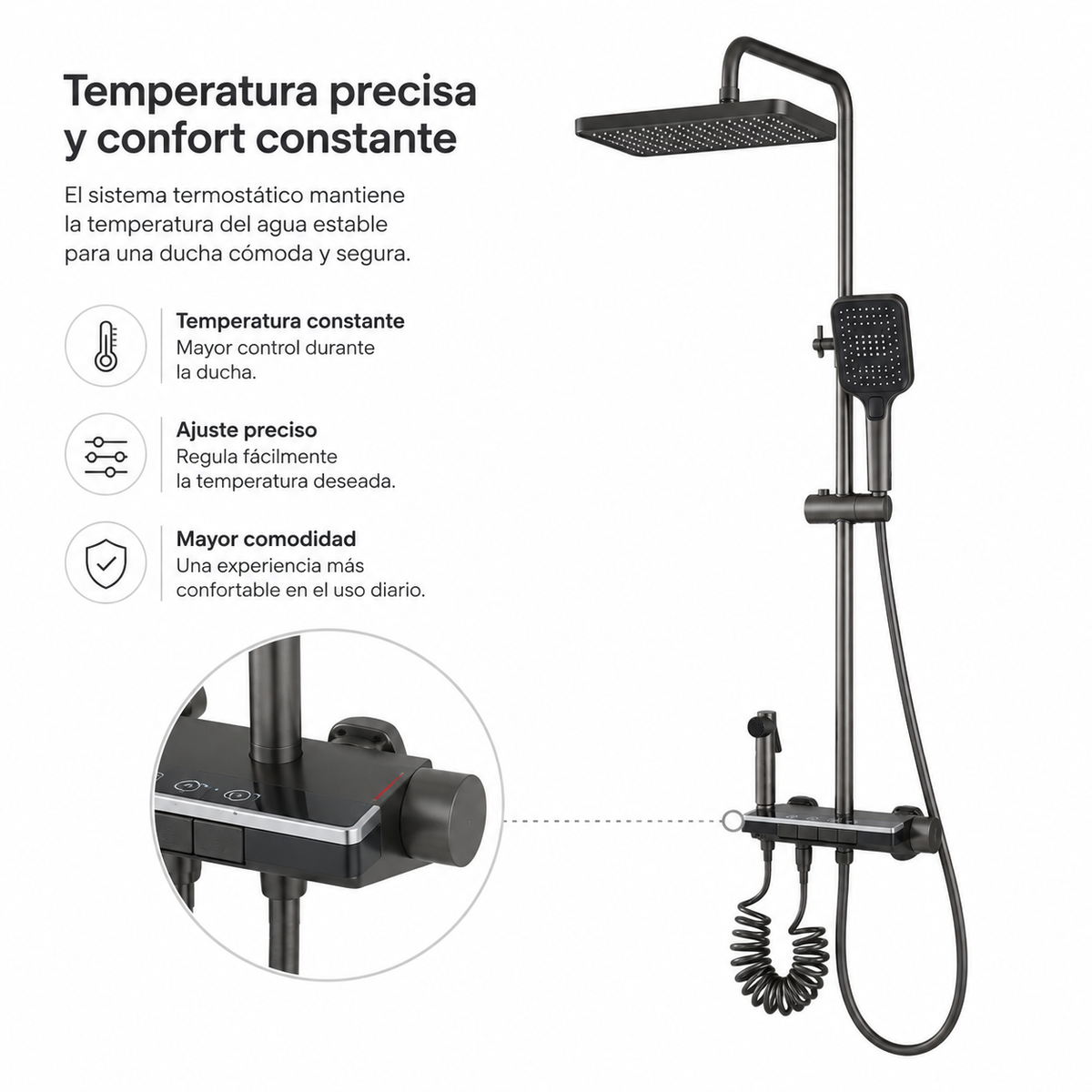 Thermostatische Duschsäule mit Oberkopfbrause, Handbrause und verstellbarer Regenbrause-Stange