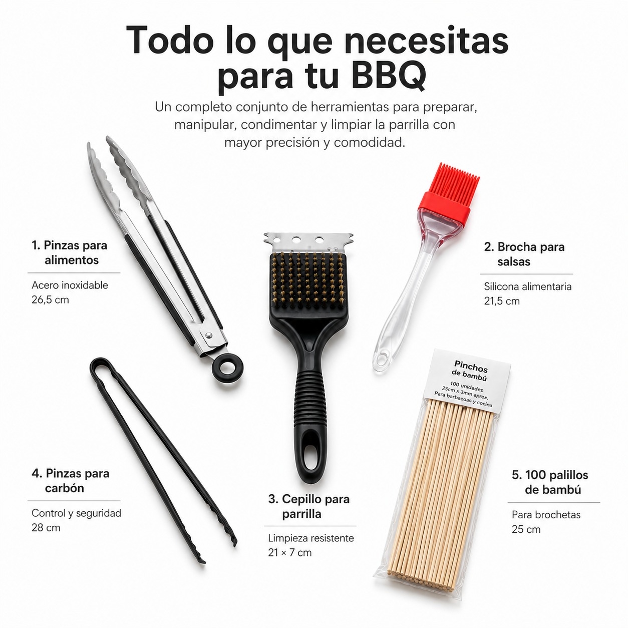 Set Professionale Utensili per Barbecue 5 Pezzi in Acciaio Inox con Manici in Silicone