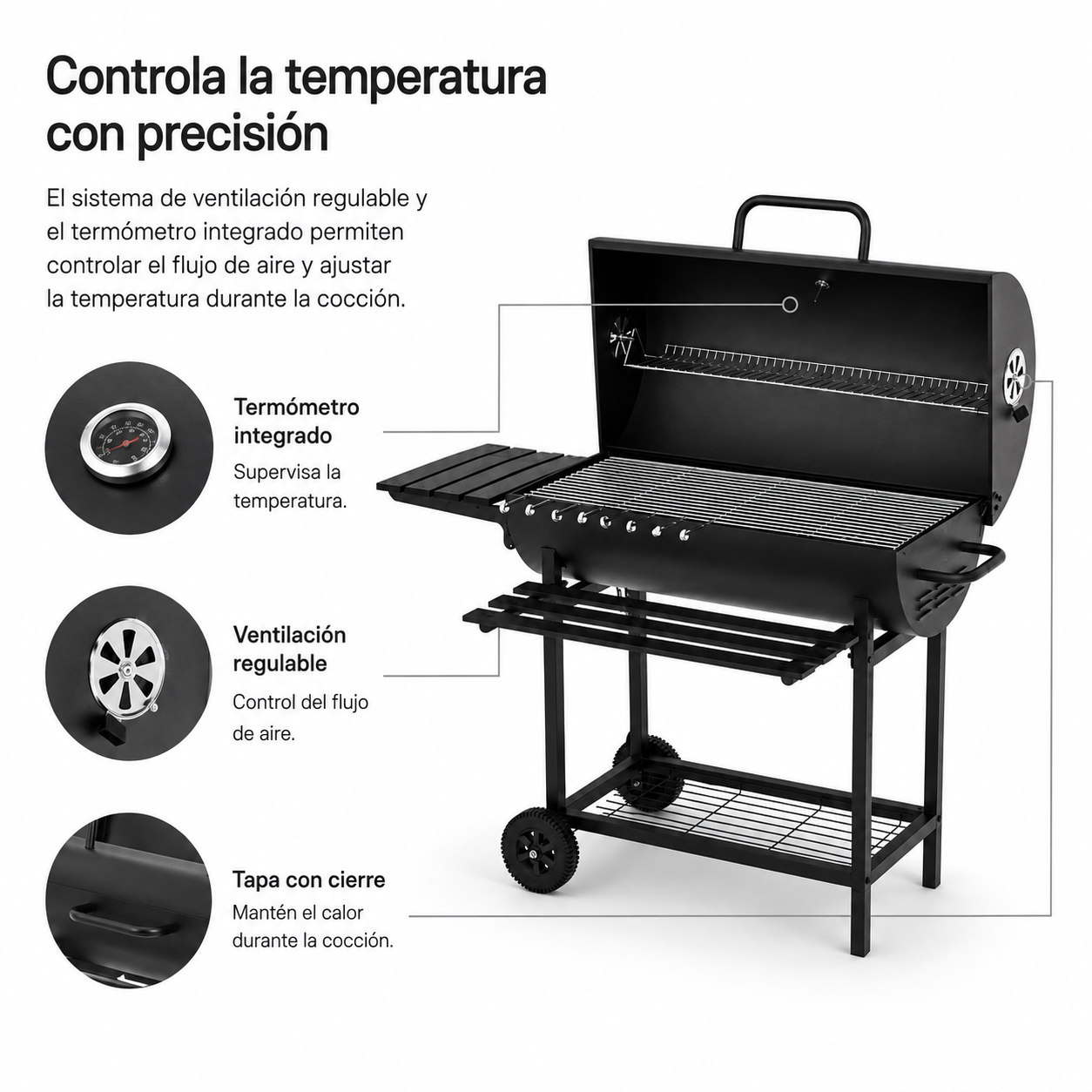 Houtskoolbarbecue met deksel en verstelbare ventilatie voor de tuin, met wielen