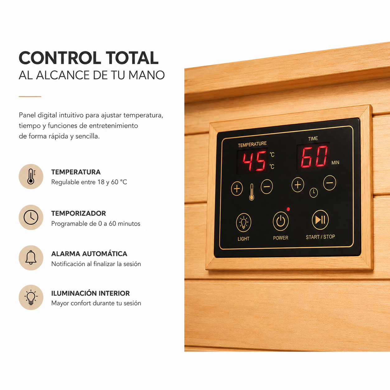 Sauna de infrarrojos para casa individual de madera maciza con 4 paneles y control digital
