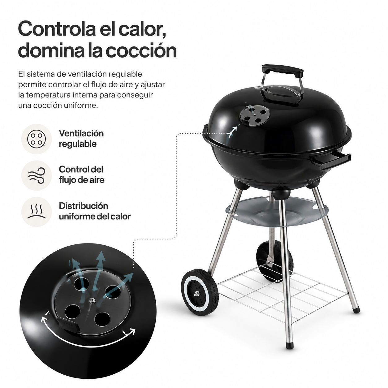 Barbecue au charbon rond portable avec couvercle et ventilation