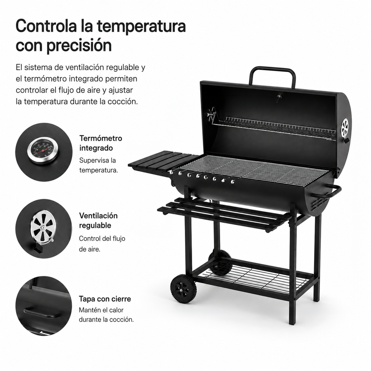Barbacoa De Carbón Con Tapa Y Ventilación Ajustable Para Jardín Con Ruedas