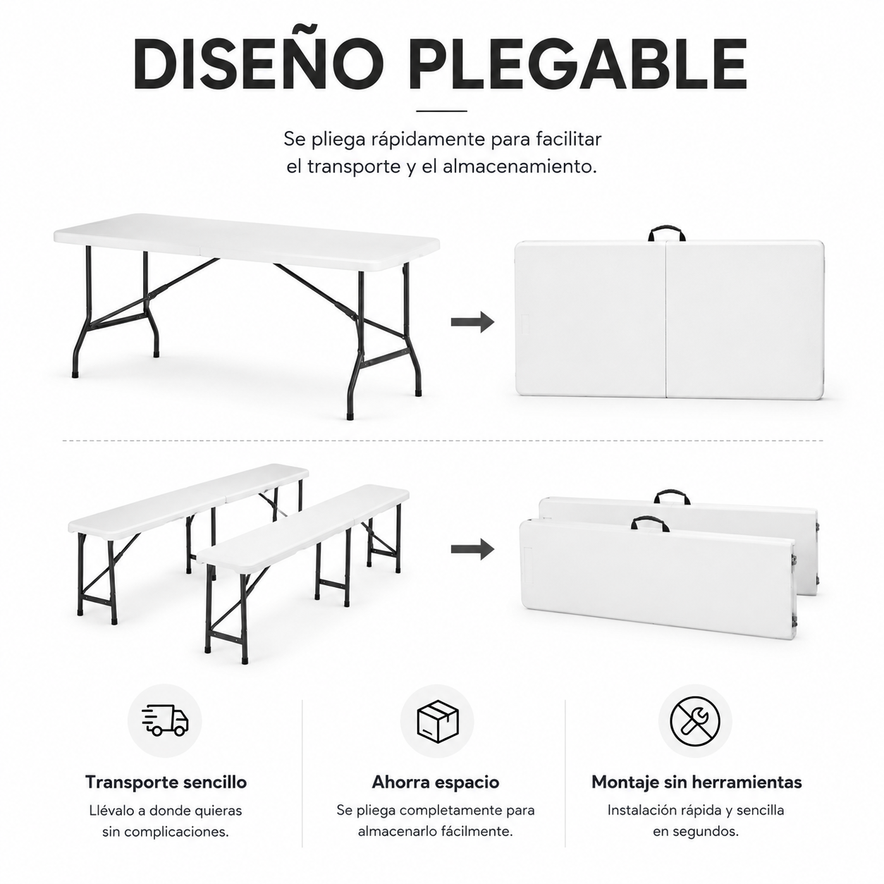 Conjunto Mesa Plegable Con 2 Bancos Para Jardín 180x74x72 cm