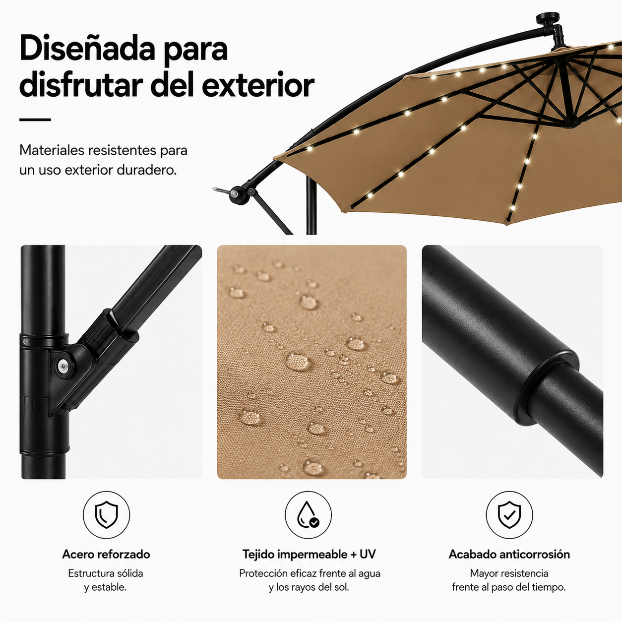 Ombrellone Laterale da Giardino 3 Metri Kaki con LED e Inclinazione a 360°