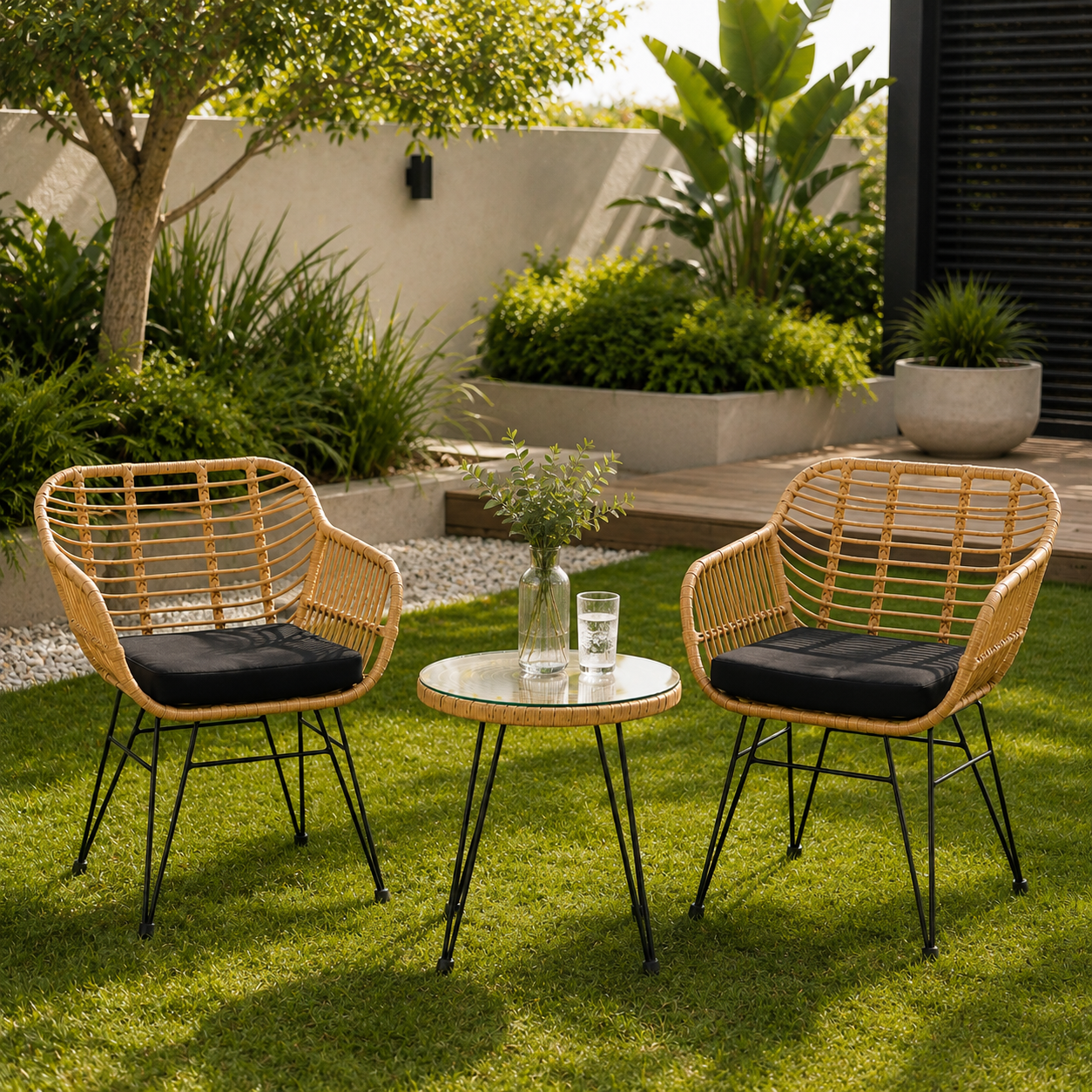 Rotan tuinset met 2 fauteuils en ronde tafel voor terras en balkon