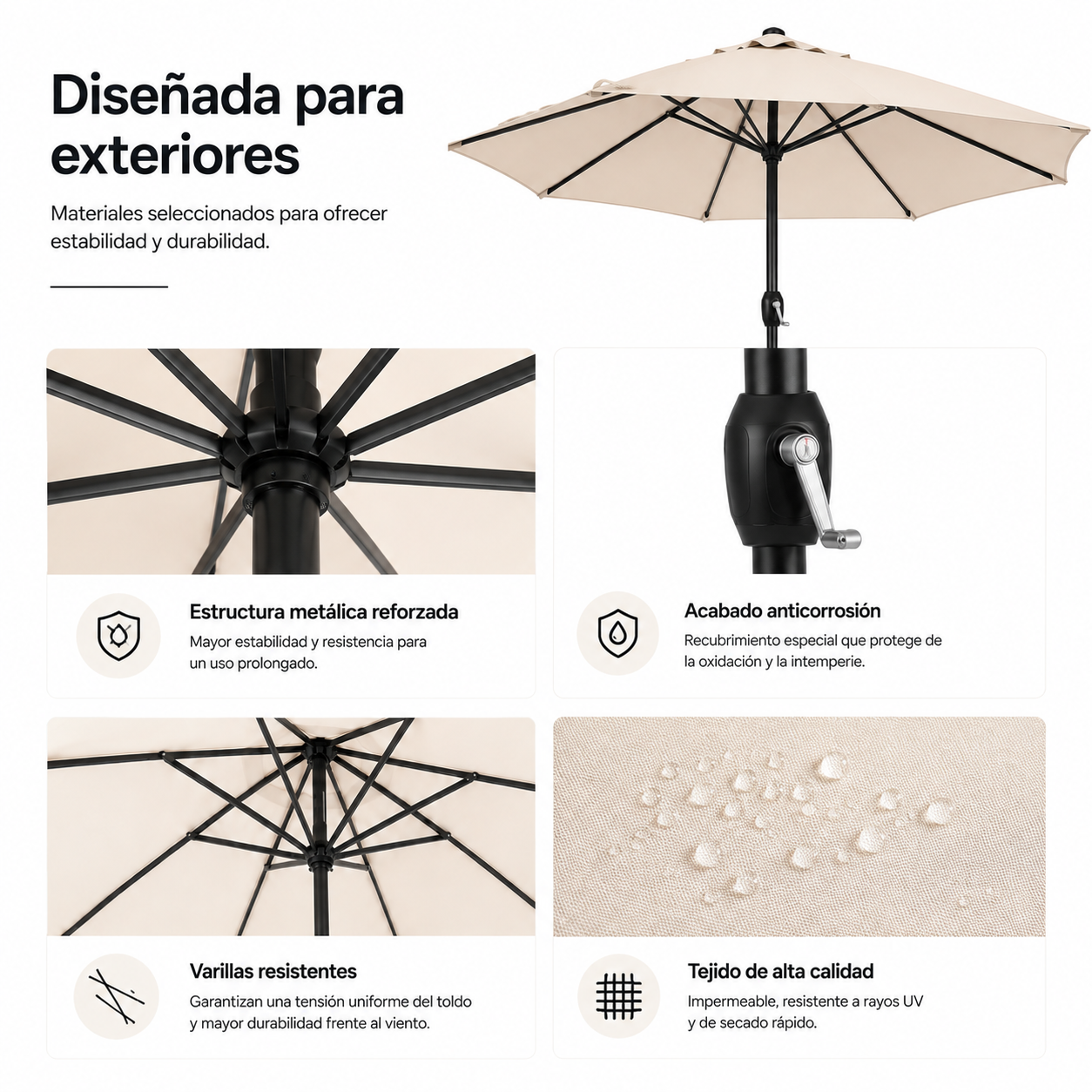 Verstelbare parasol voor de tuin, 3 meter, met zwengel, beige