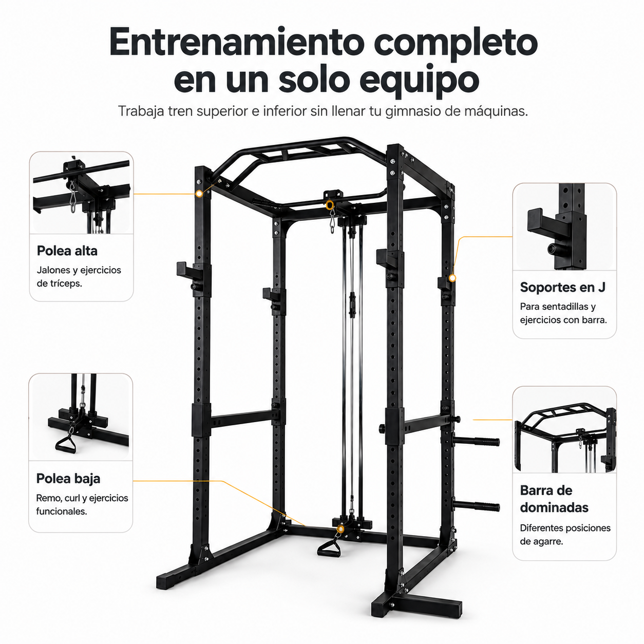 Multifunctioneel power rack met hoge en lage katrol en optrekstang voor thuis